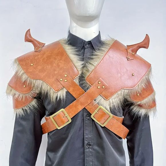 Pair Renaissance Medieval Viking PU Leather Fur Edge Shoulder Armor Cosplay LARP - Picture 1 of 3